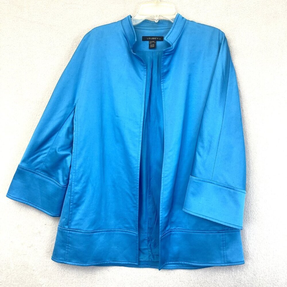 Louben Silk Blend Blazer Jacket Womens Size 6 Blue Open Front 3/4 Sleeve Canada‎